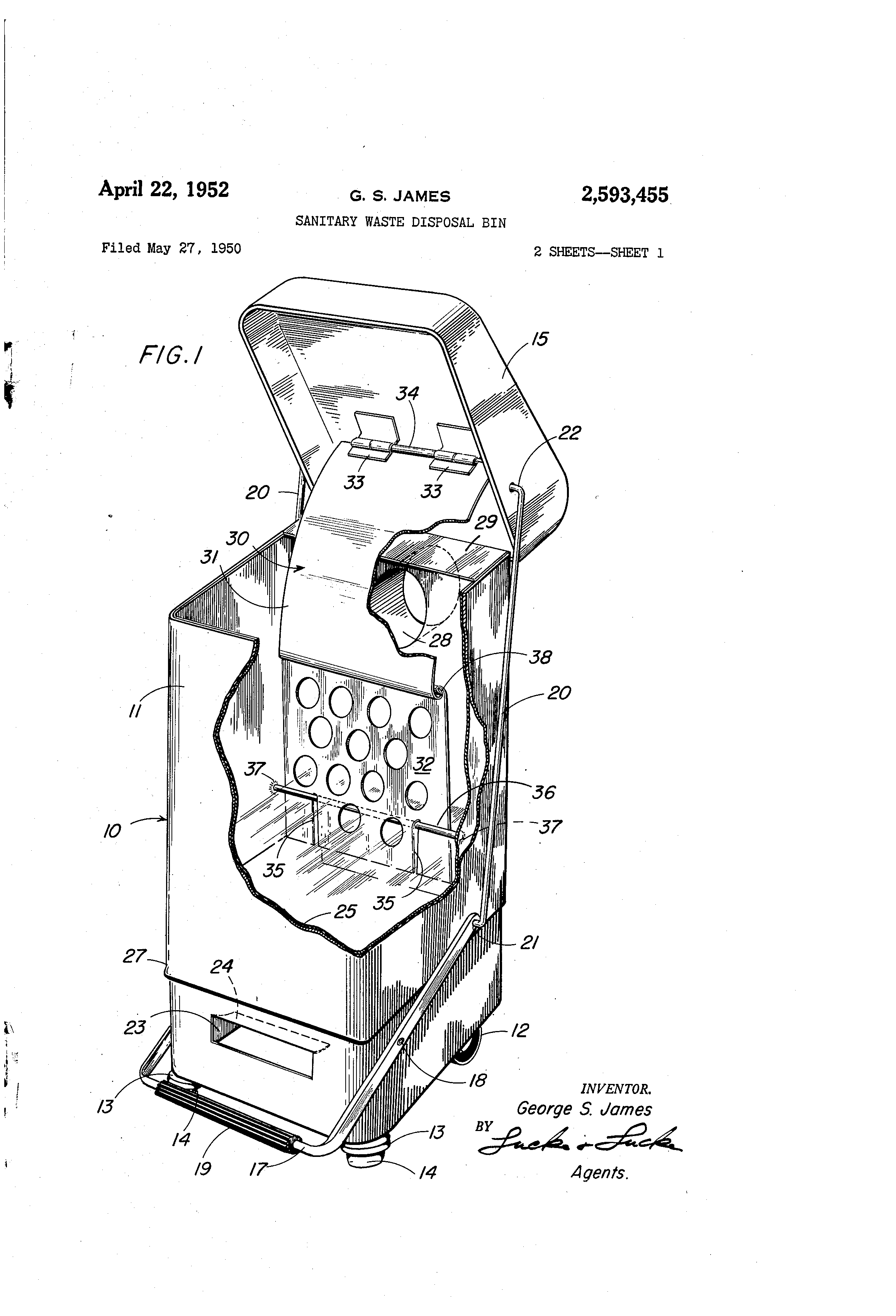 Sanitary waste disposal bin. US 2593455 A. Images. Patent Drawing