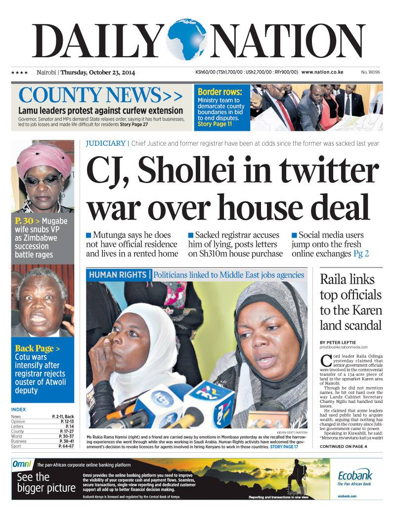 Daily Nation Front Page 23 Oct 2014 CJ Mutunga Shollei Twitter