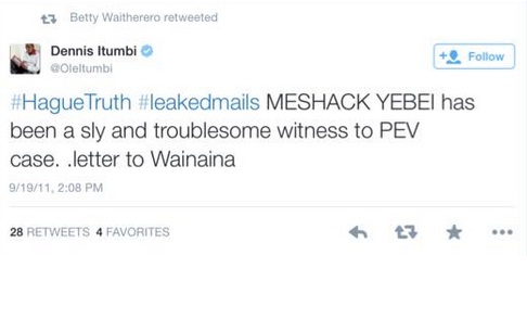 Dennis Ole Itumbi tweet on murdered ICC witness Meshack Yebei back in 2011